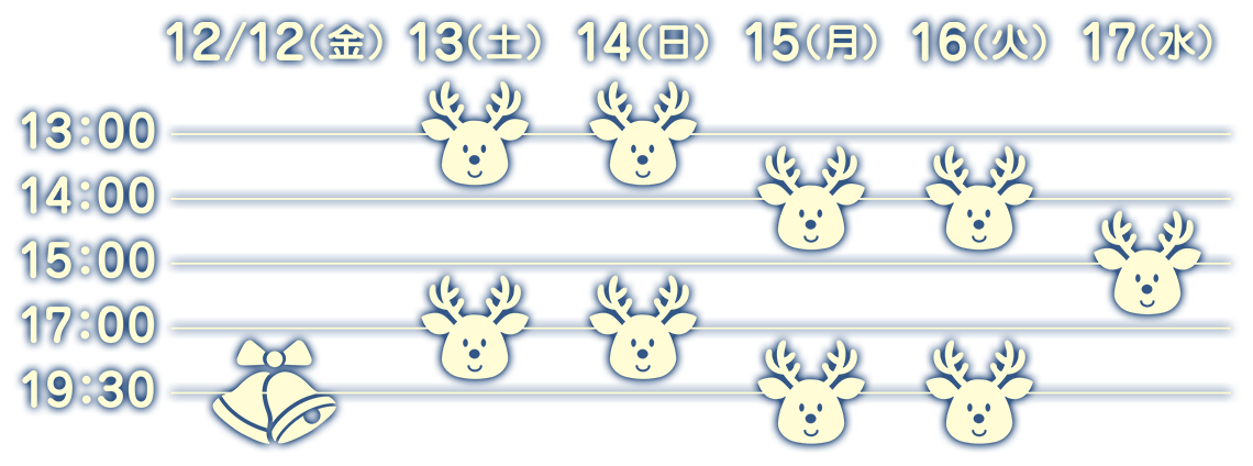 7/17(水) 19:30〜★、7/18(木) 14:00〜/19:30〜、7/19(金) 14:00〜/19:30〜、7/20(土) 13:00〜/17:00〜、7/21(日) 13:00〜/17:00〜、7/22(月) 15:00〜